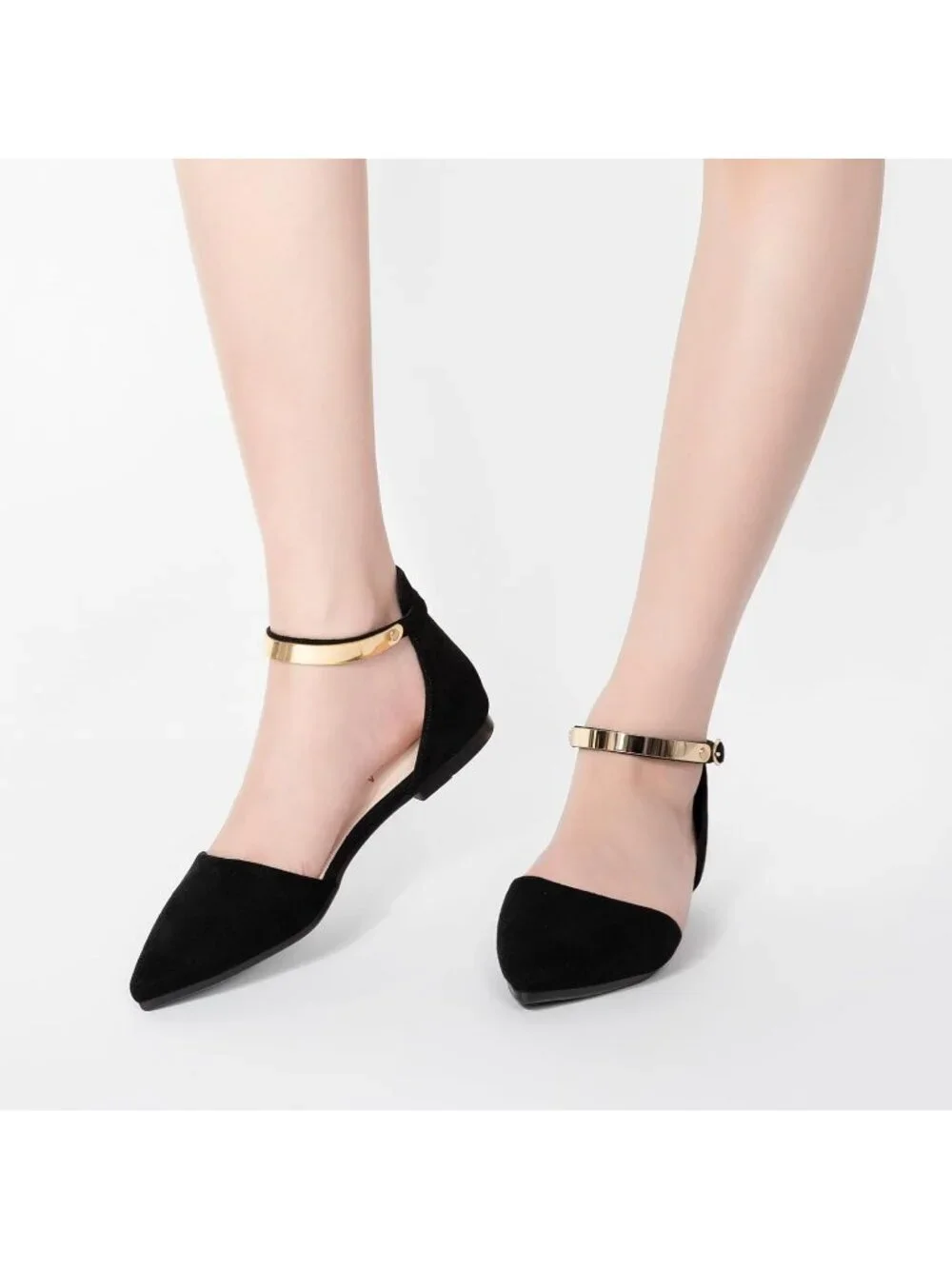 Women's Black Suede Pointed Toe Flats Fancy Gold Ankle Strap Rhinestone Shoes